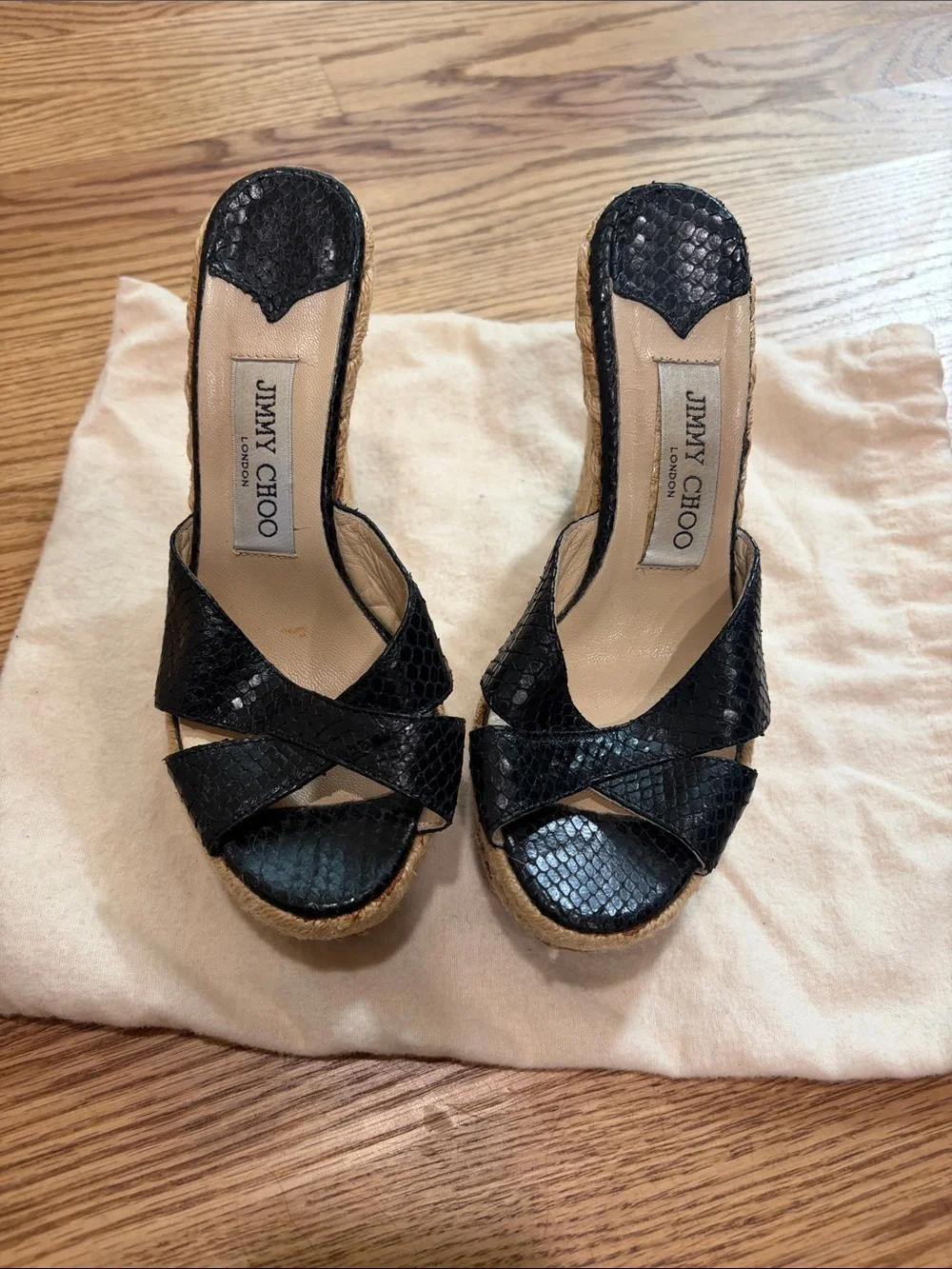Jimmy Choo Black Snakeskin Espadrille Wedge Sandals